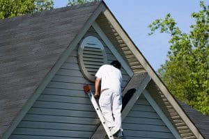 Professional Pinellas County Painter on a ladder. He is painting the exterior of the painting by hand with a paintbrush.